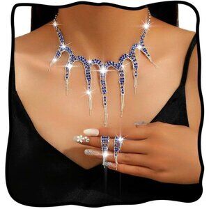 🆕Women Blue Necklace Earrings Set Crystal Sparkly Necklaces Prom Jewelry Sets